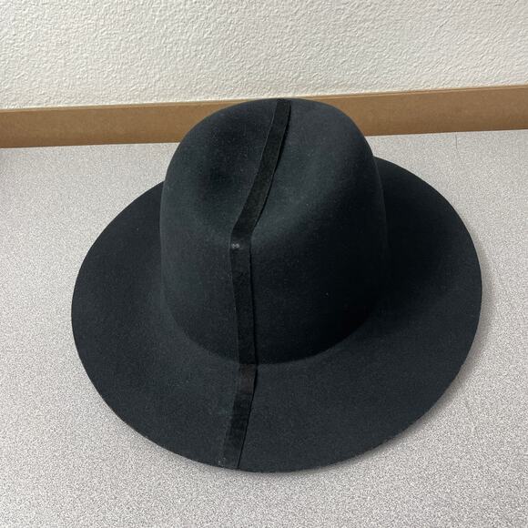 Janessa Leone Wool Fedora Hat Womens Medium Black Wide Brim Ribbon Stripe * main image 7